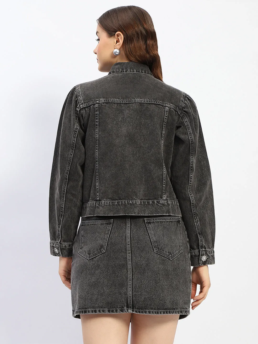 Madame Button Up Pocketed Black Denim Jacket