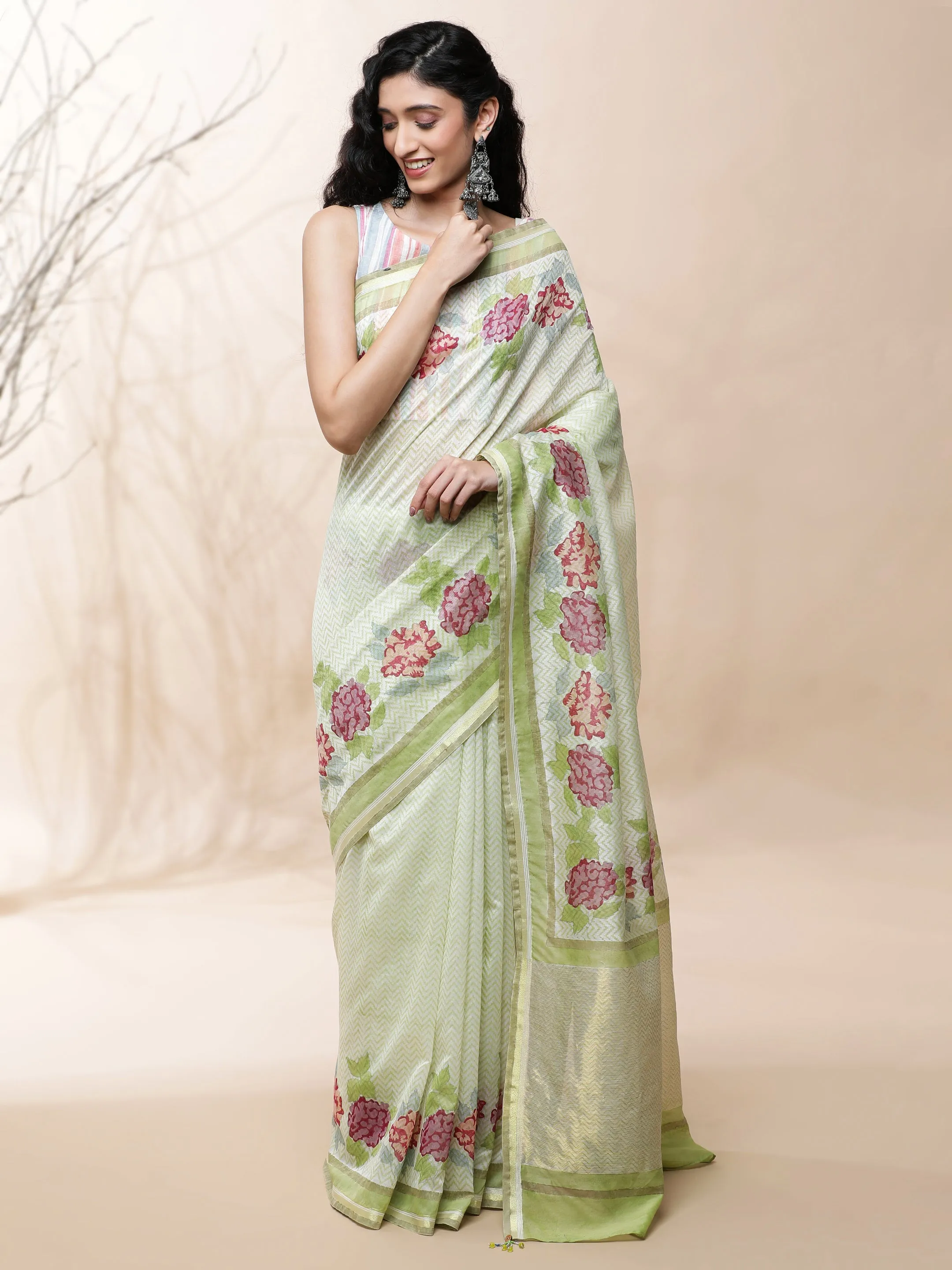 Manjari Chanderi Green Silk Saree