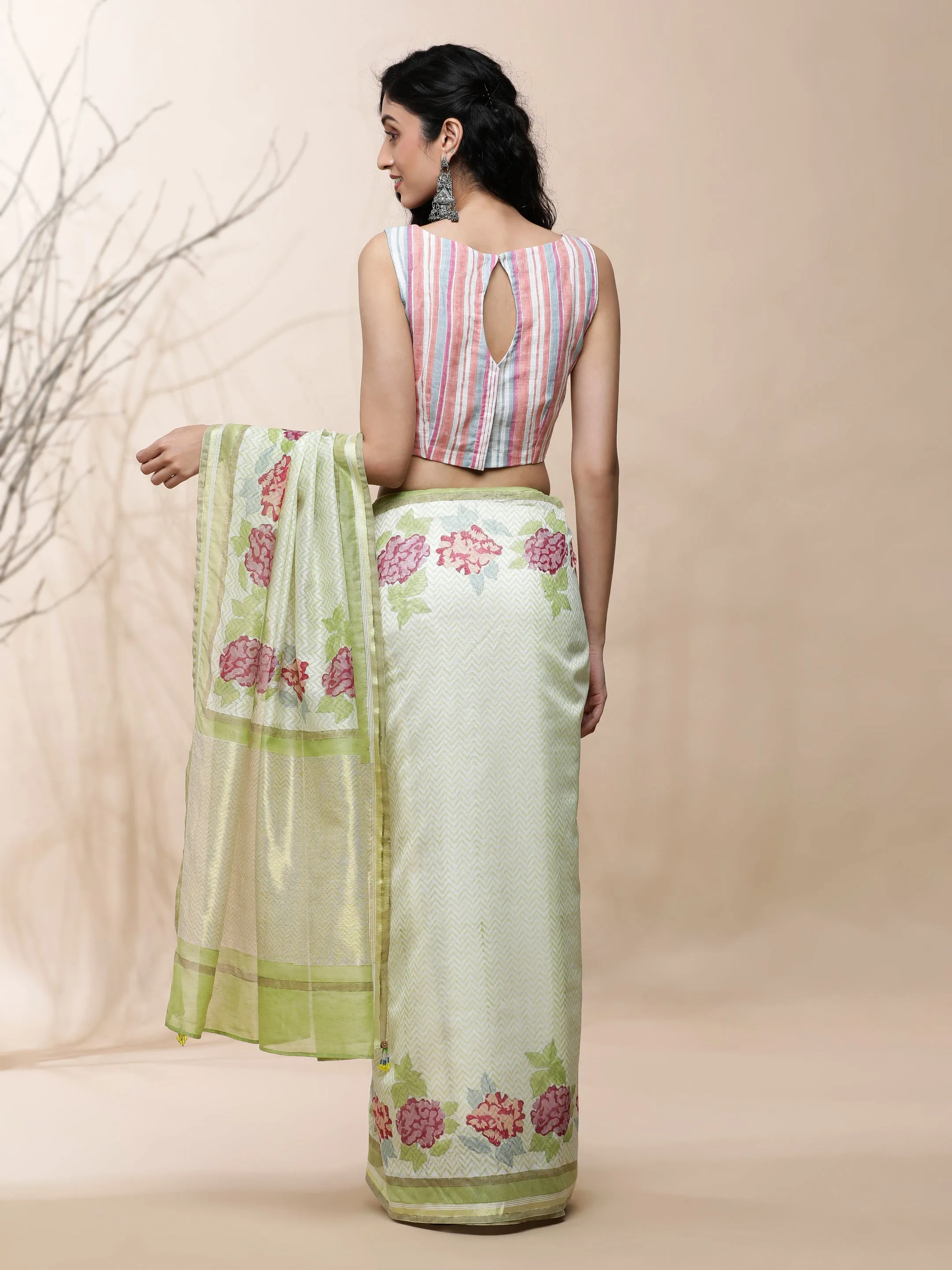 Manjari Chanderi Green Silk Saree