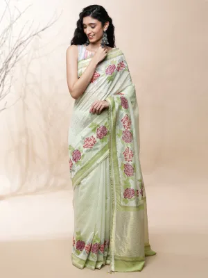 Manjari Chanderi Green Silk Saree