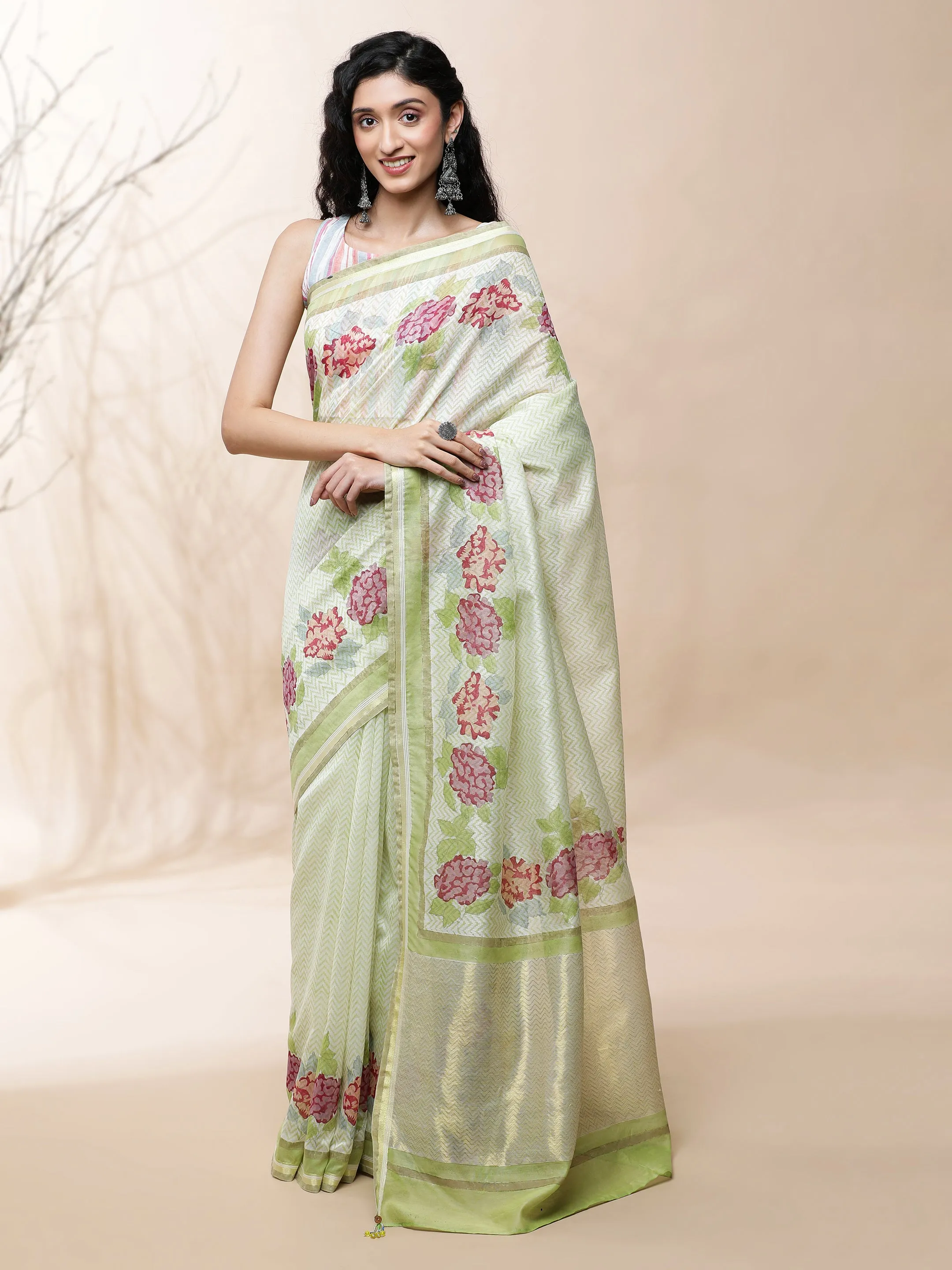 Manjari Chanderi Green Silk Saree