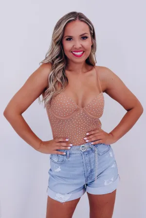 Marly Mesh Rhinestone Bodysuit - Nude