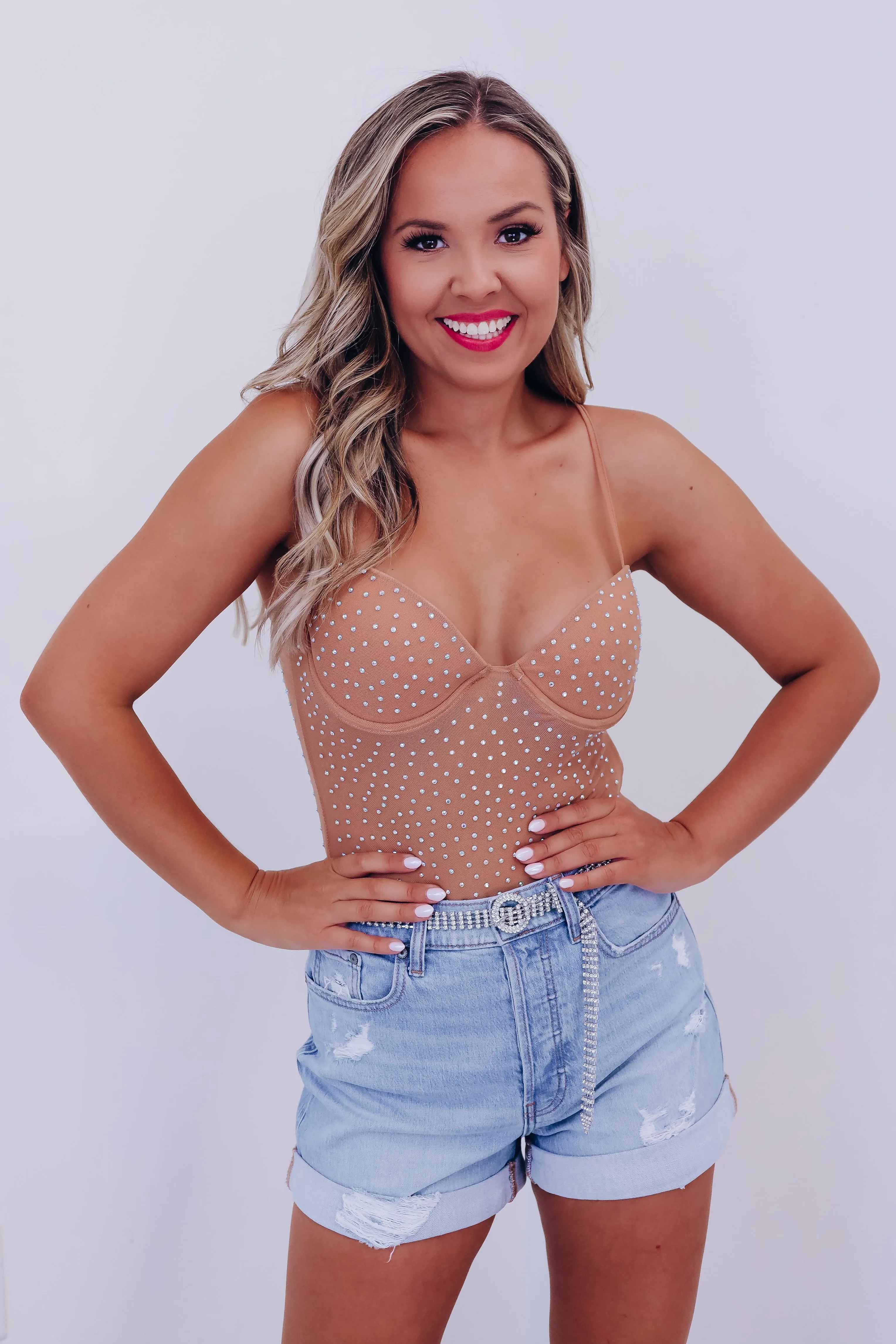 Marly Mesh Rhinestone Bodysuit - Nude