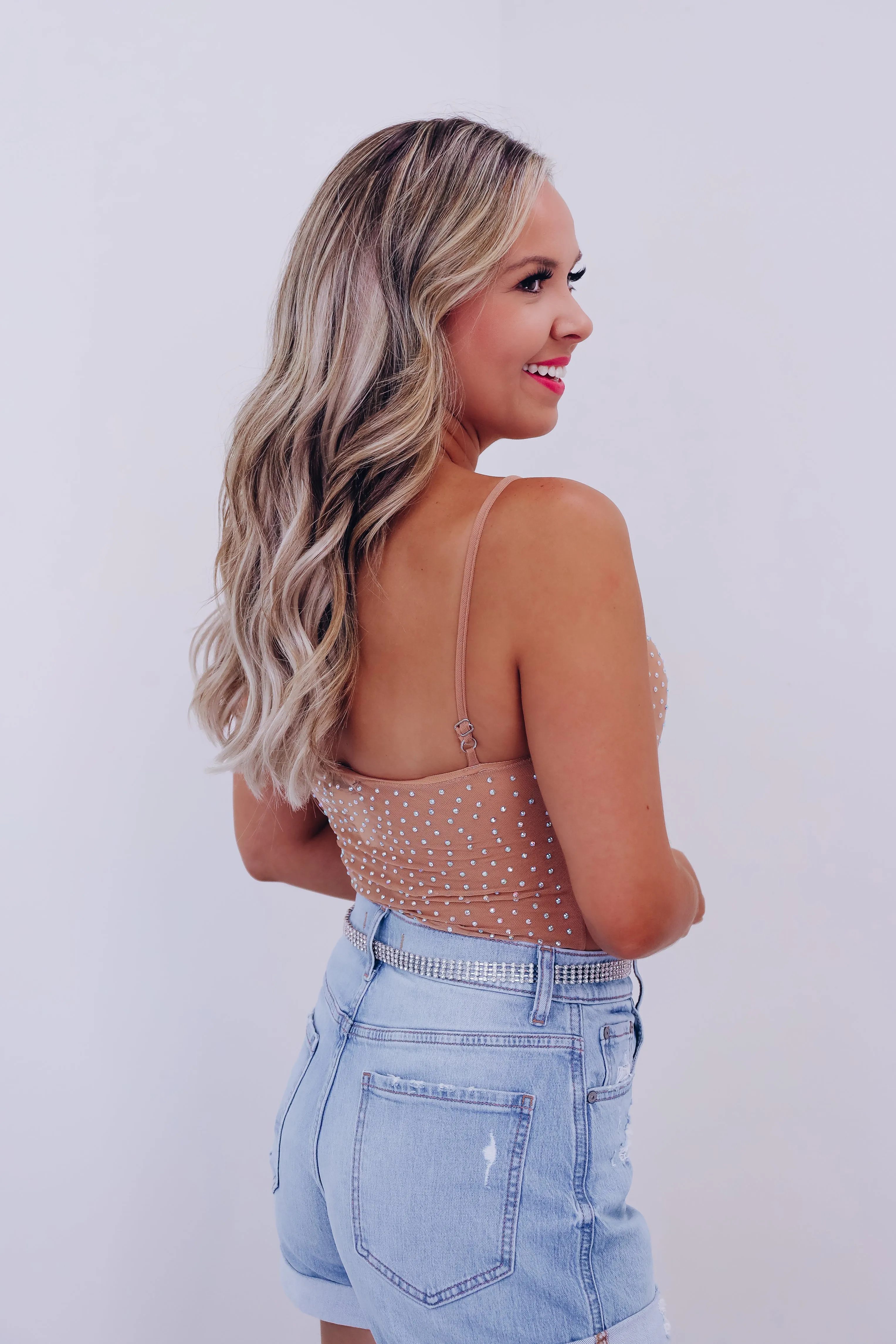 Marly Mesh Rhinestone Bodysuit - Nude
