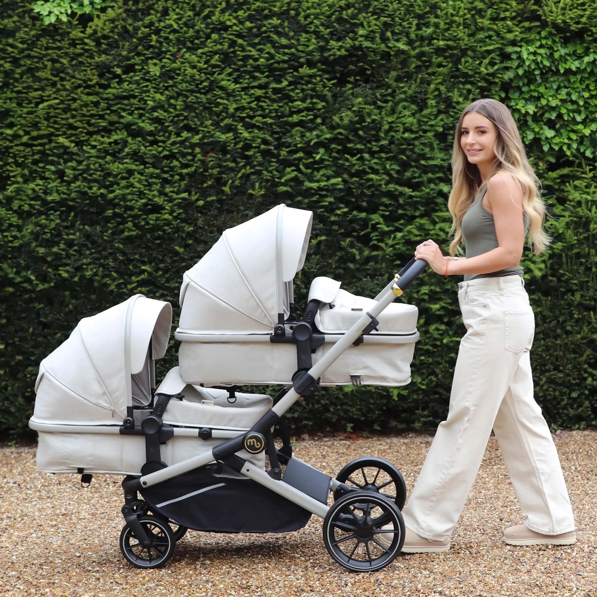 MB33 Tandem Pushchair with 2 Infant Carriers & 2 Bases - Ivory