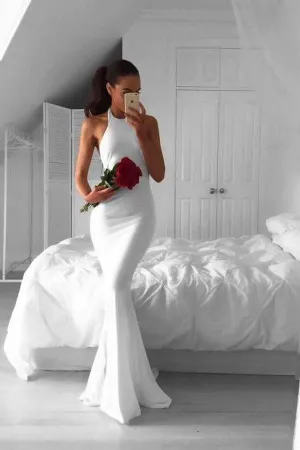 Mermaid Halter White Sweep Backless Prom Dress with Pleats TP0086
