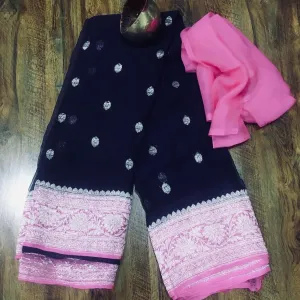Navy Blue-Light Pink Buti Jaal Banarasi Chiffon Saree
