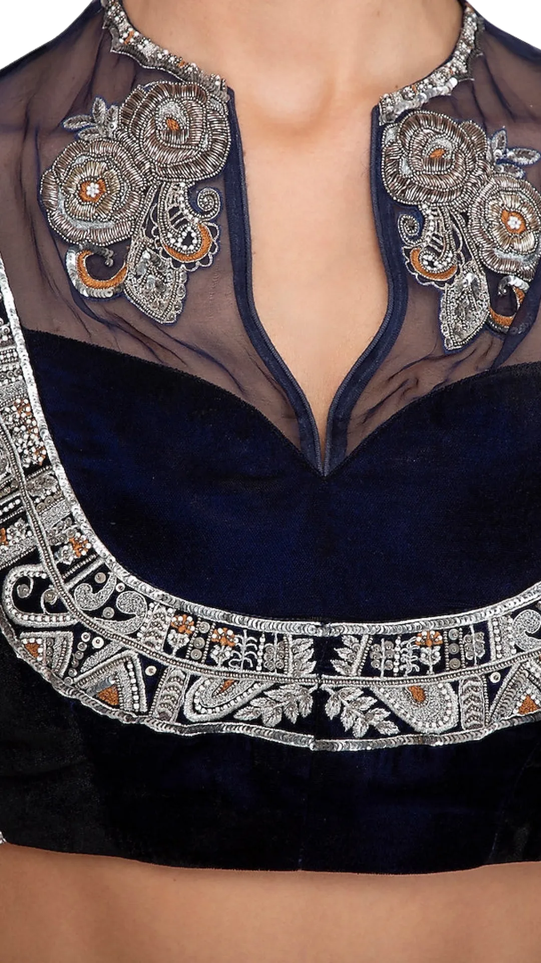 Navy Embroidered Blouse with Velvet Lehenga & Belt