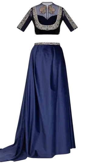 Navy Embroidered Blouse with Velvet Lehenga & Belt