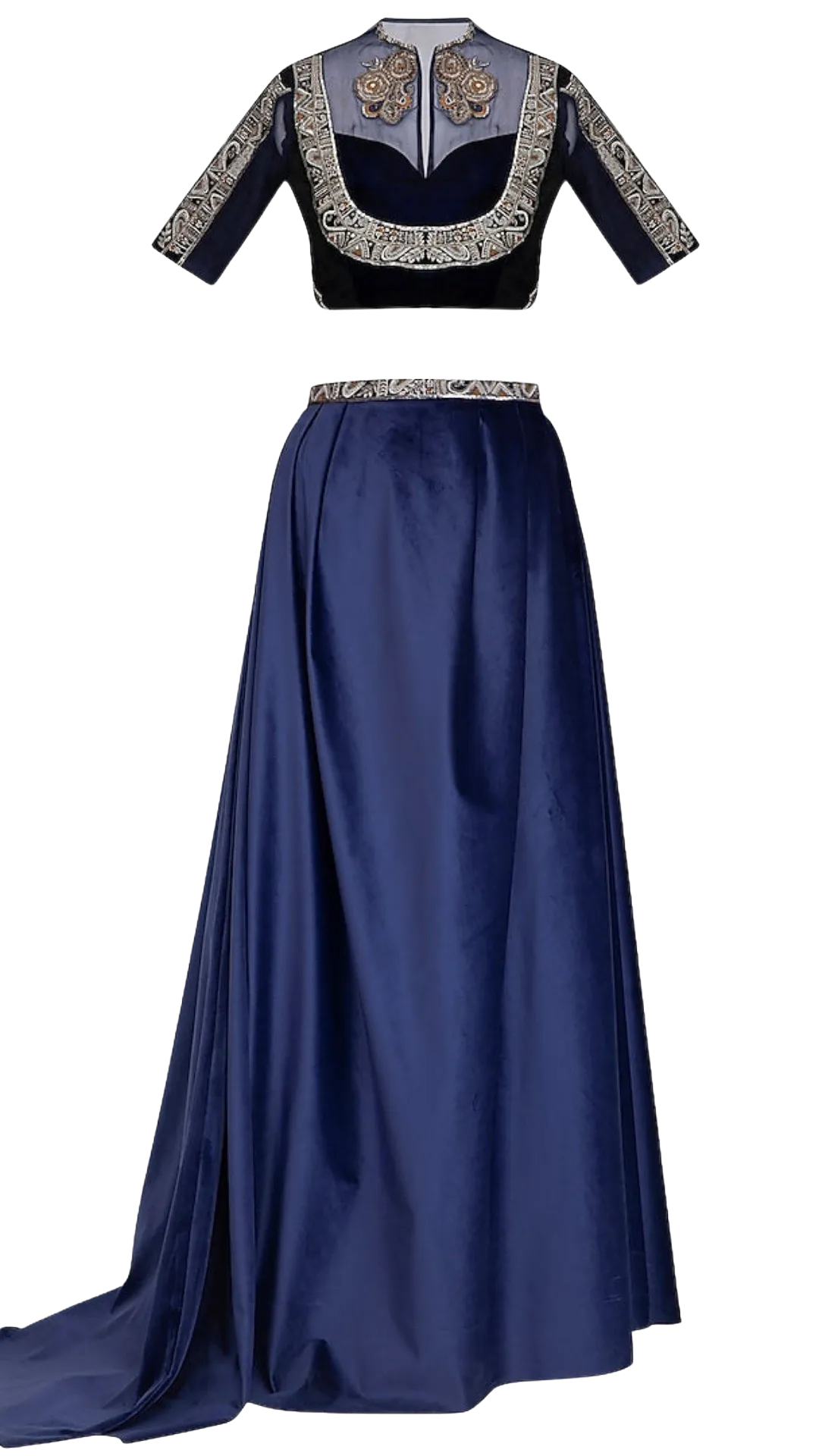 Navy Embroidered Blouse with Velvet Lehenga & Belt