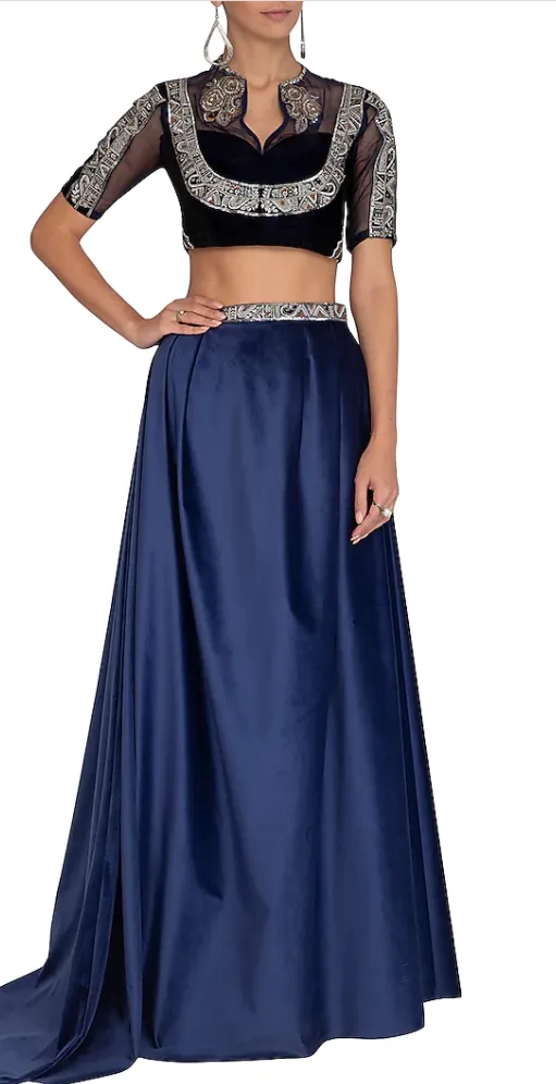 Navy Embroidered Blouse with Velvet Lehenga & Belt