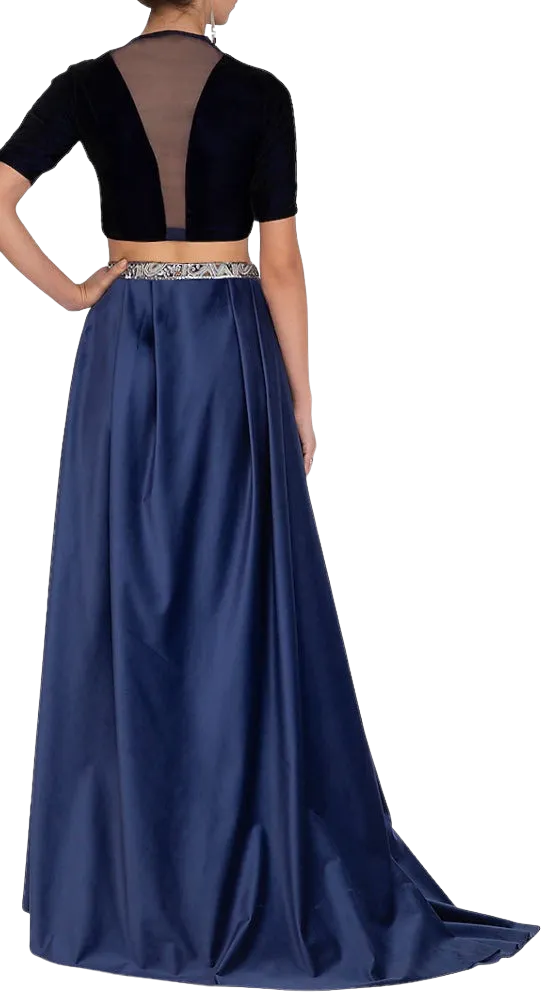 Navy Embroidered Blouse with Velvet Lehenga & Belt