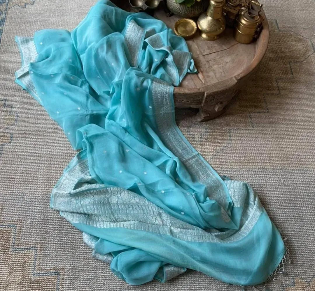 Ocean Blue Banarasi Chiffon Buti Jaal Saree