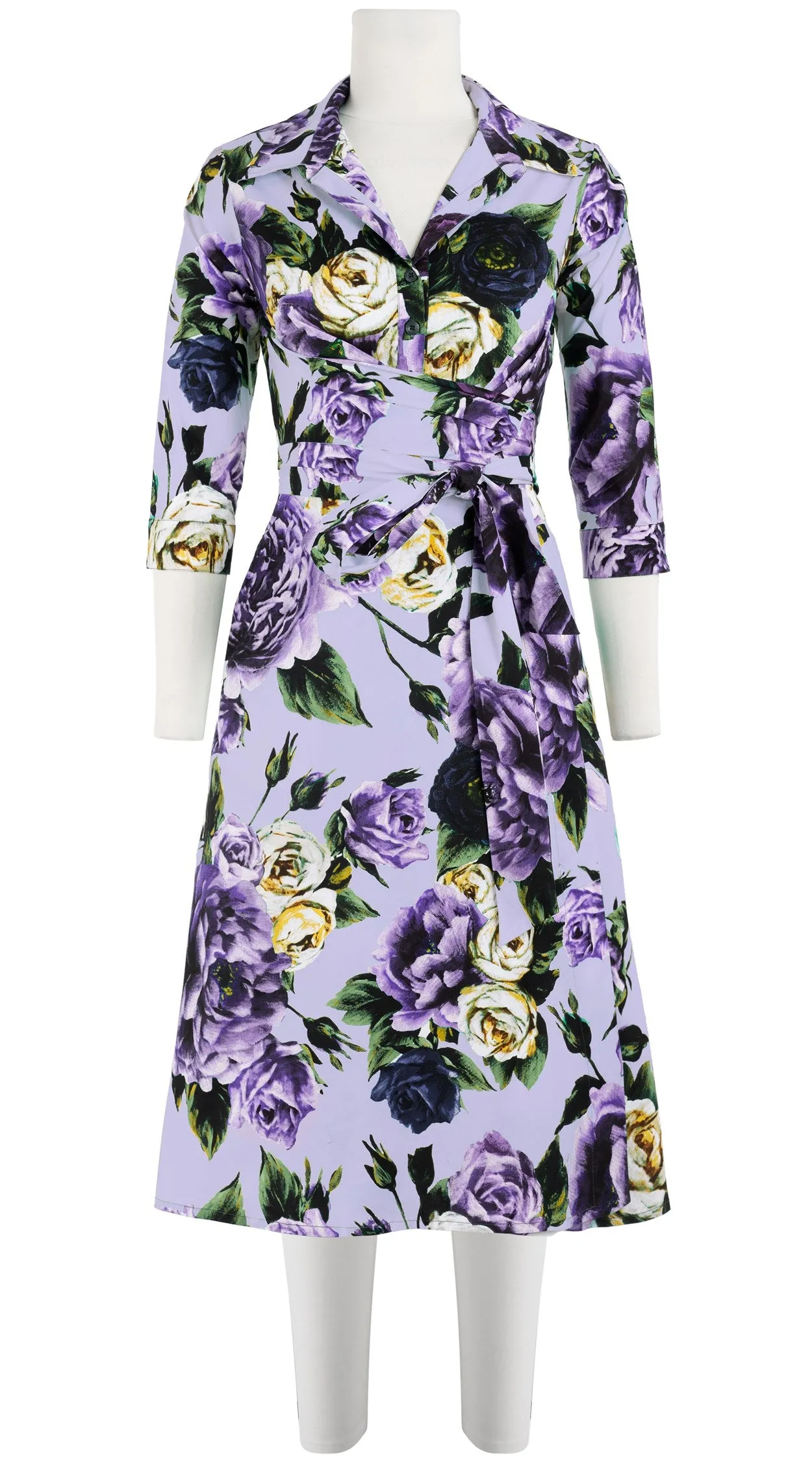 Olivia Dress Shirt Collar 3/4 Sleeve Long Length Cotton Stretch (Peony Kimono All Over)