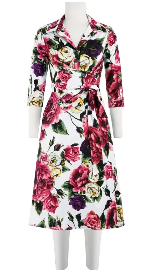 Olivia Dress Shirt Collar 3/4 Sleeve Long Length Cotton Stretch (Peony Kimono All Over)