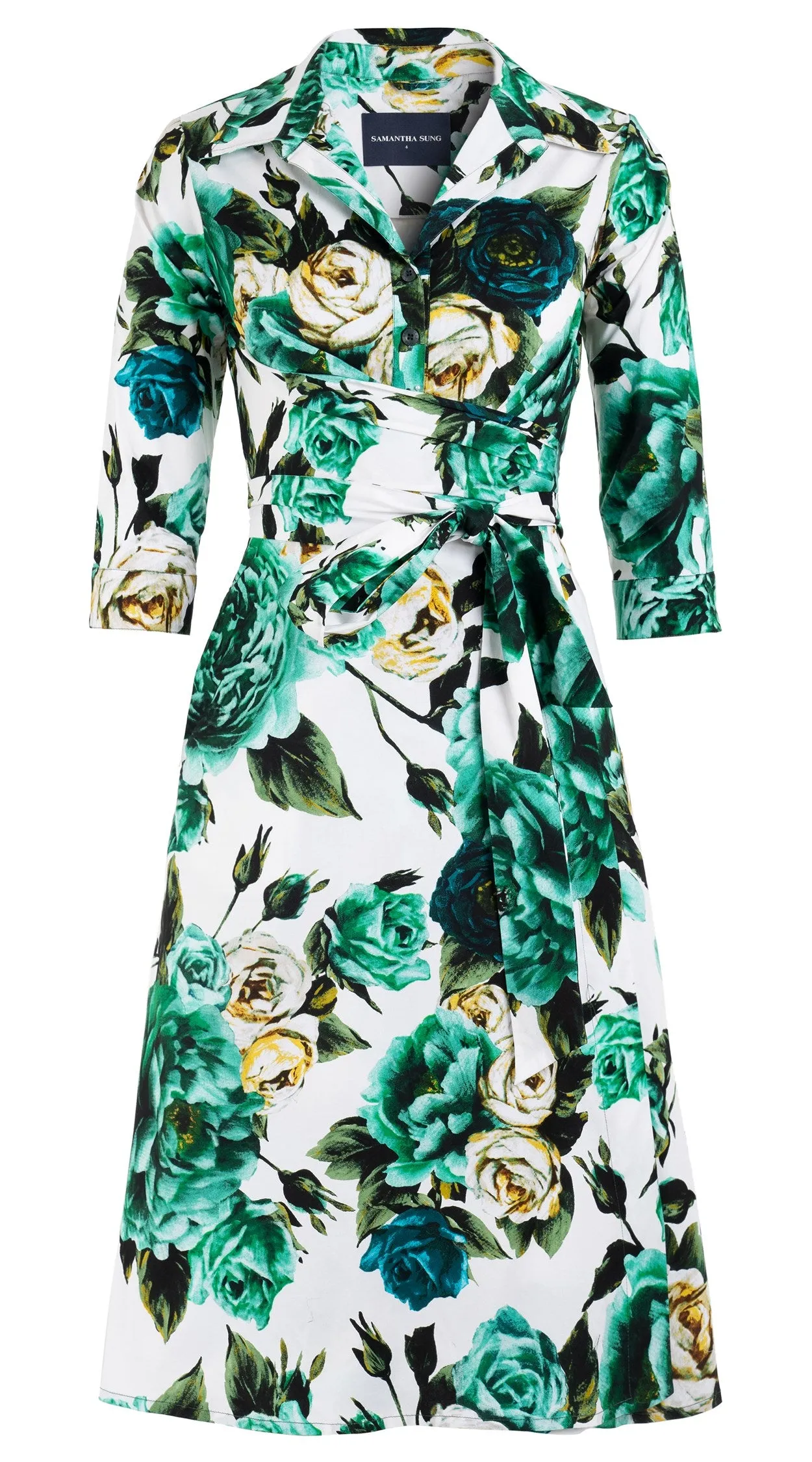 Olivia Dress Shirt Collar 3/4 Sleeve Long Length Cotton Stretch (Peony Kimono All Over)