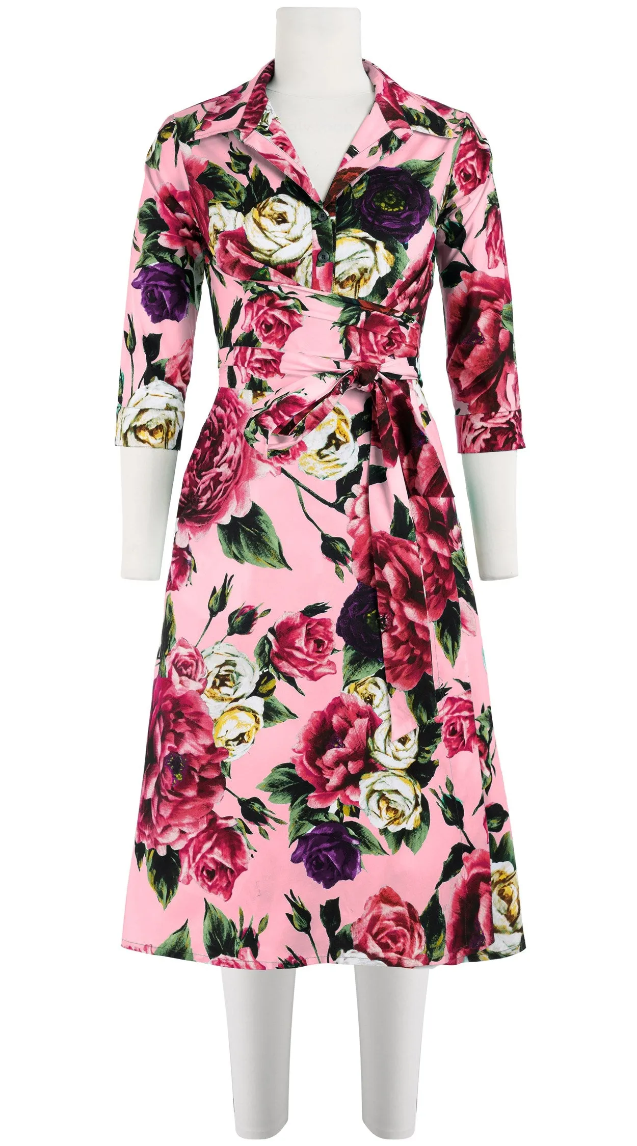 Olivia Dress Shirt Collar 3/4 Sleeve Long Length Cotton Stretch (Peony Kimono All Over)