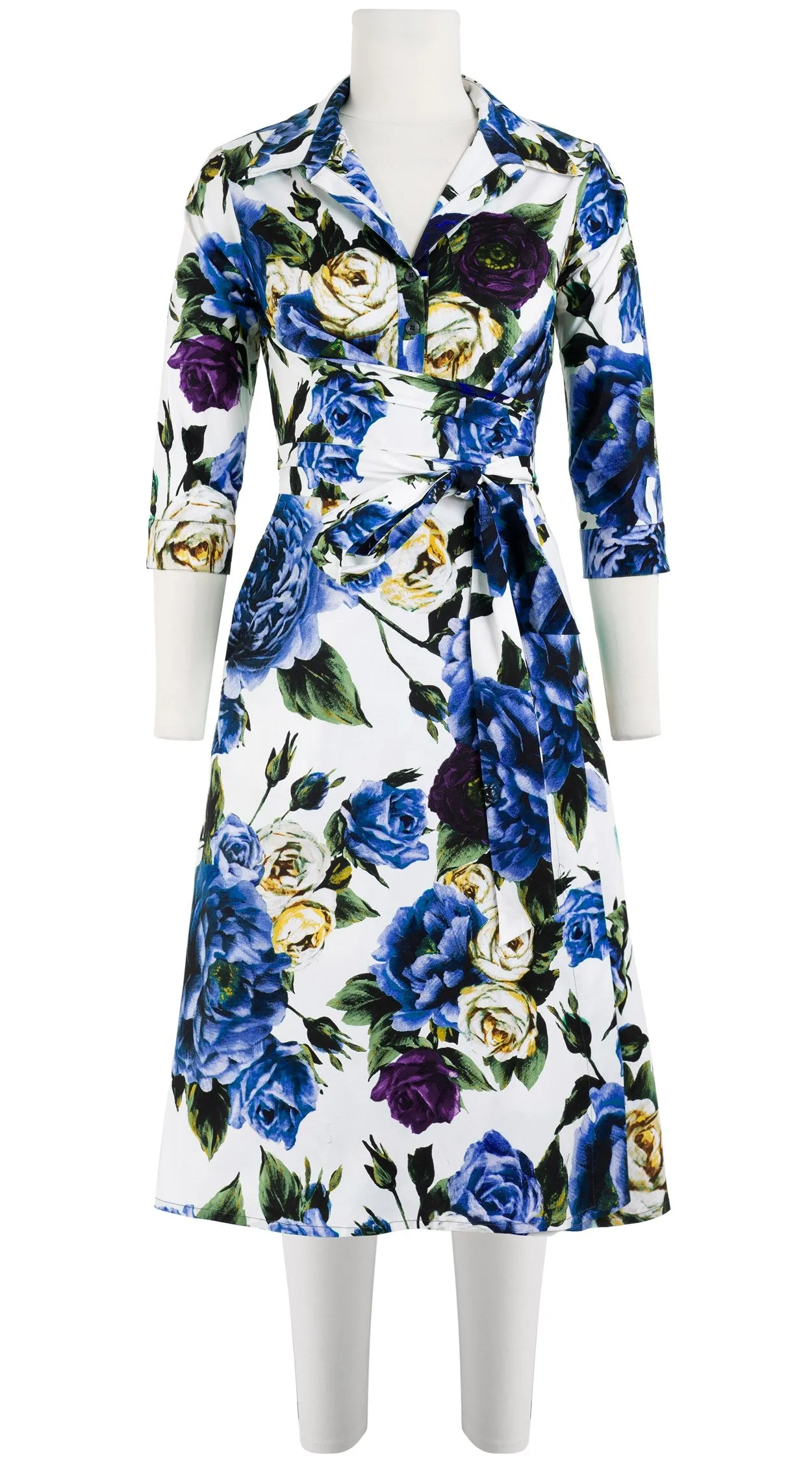 Olivia Dress Shirt Collar 3/4 Sleeve Long Length Cotton Stretch (Peony Kimono All Over)