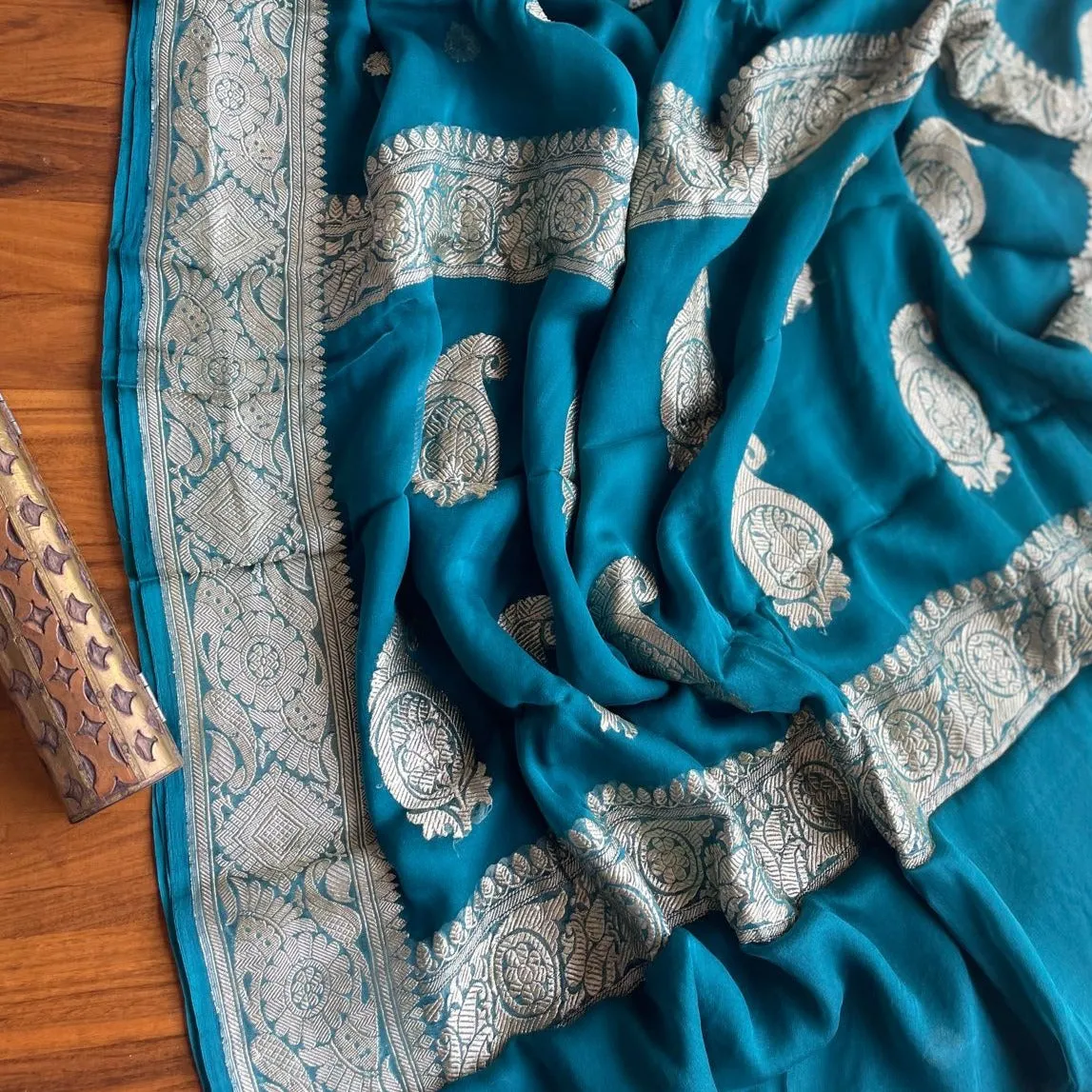 Peacock Blue Banarasi Khaddi Saree