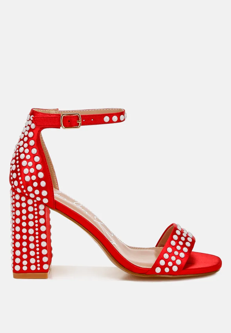 Pearls Embellished Satin Sandals by RUW