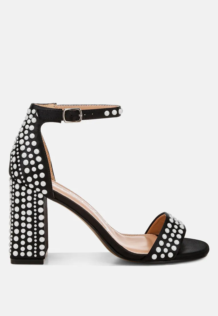 Pearls Embellished Satin Sandals by RUW