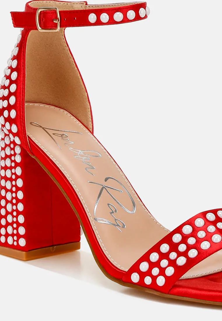 Pearls Embellished Satin Sandals by RUW