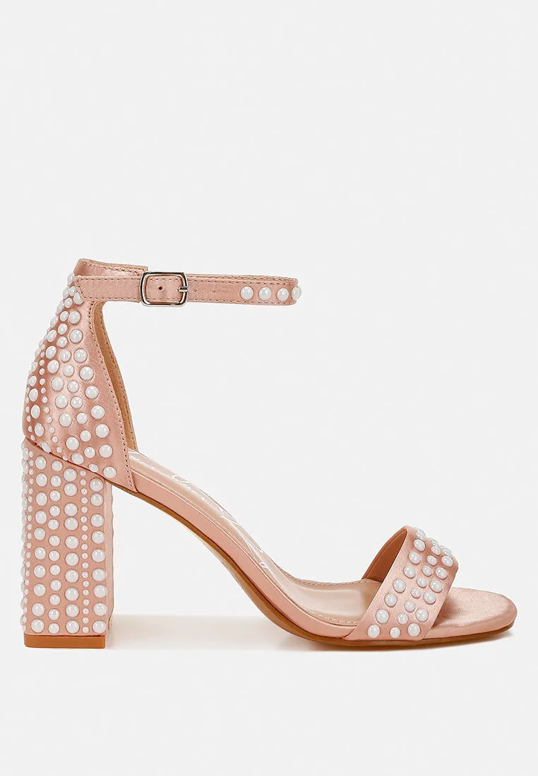 Pearls Embellished Satin Sandals by RUW