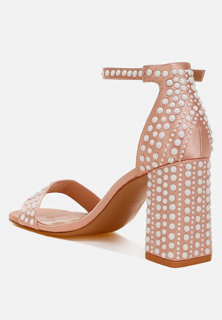 Pearls Embellished Satin Sandals by RUW
