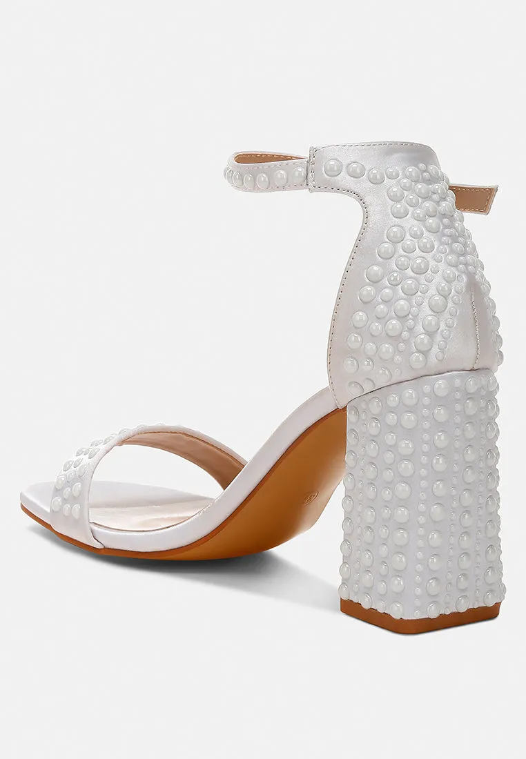 Pearls Embellished Satin Sandals by RUW