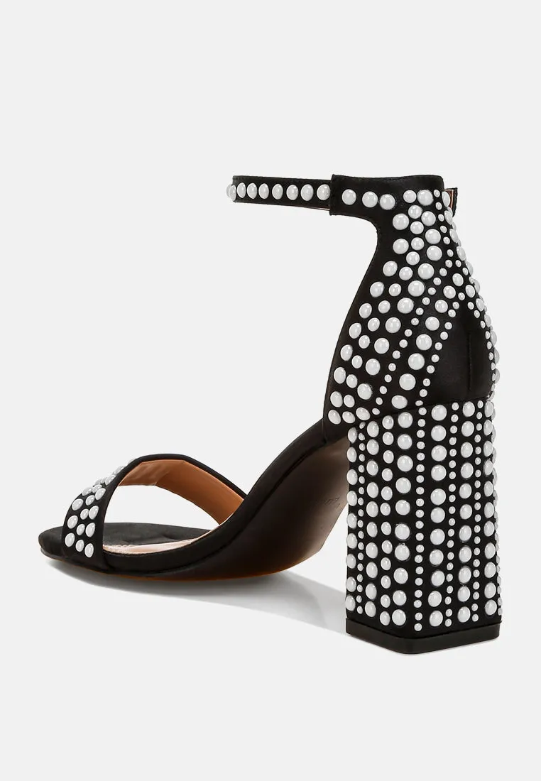 Pearls Embellished Satin Sandals by RUW