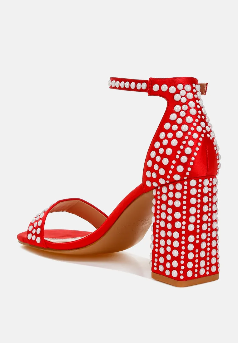Pearls Embellished Satin Sandals by RUW