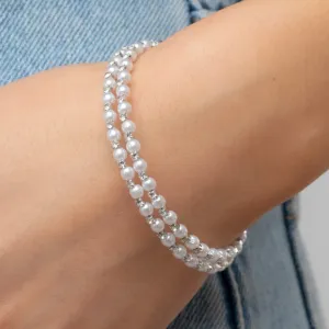 "Regal Wraparound" Silver Metal, Dainty White Pearls & Rhinestone Flexible COIL Bracelet.