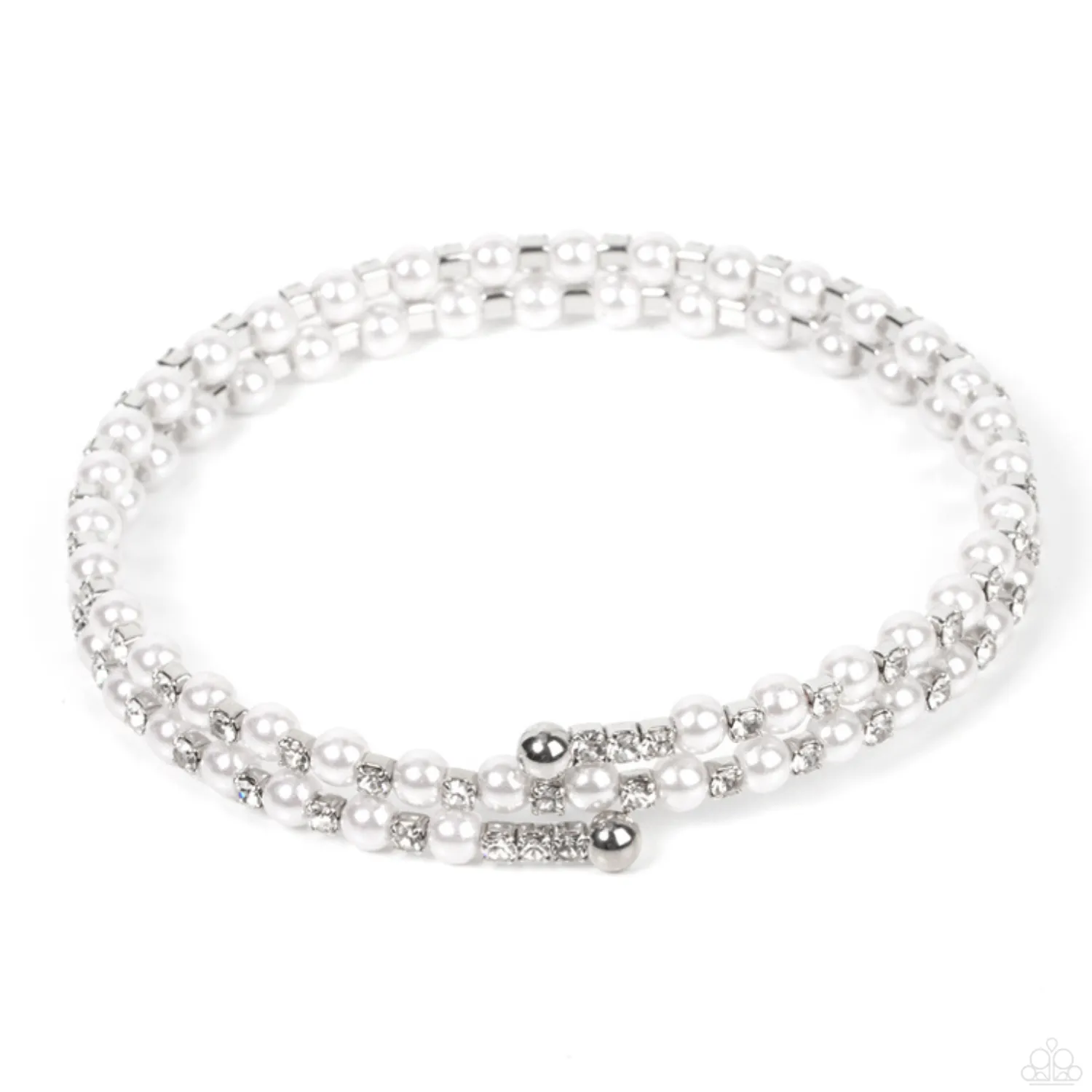 "Regal Wraparound" Silver Metal, Dainty White Pearls & Rhinestone Flexible COIL Bracelet.