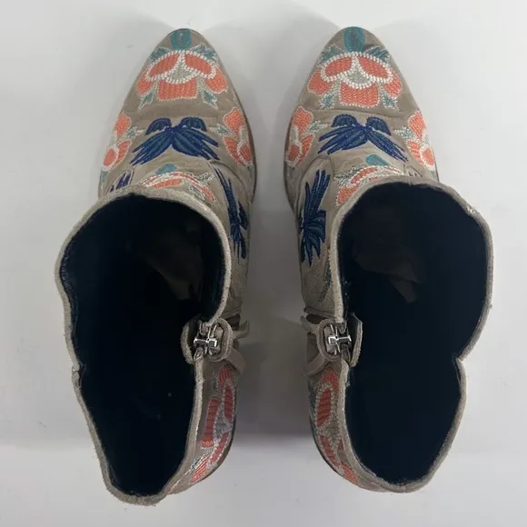 Rebecca Minkoff Beige Floral Embroidered Ankle Zip Up Heeled Booties Size 6.5