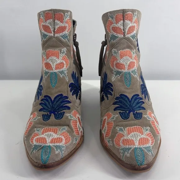Rebecca Minkoff Beige Floral Embroidered Ankle Zip Up Heeled Booties Size 6.5