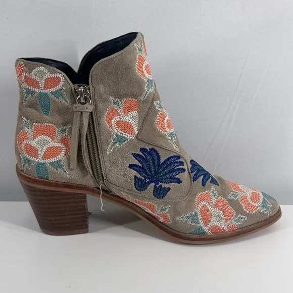 Rebecca Minkoff Beige Floral Embroidered Ankle Zip Up Heeled Booties Size 6.5