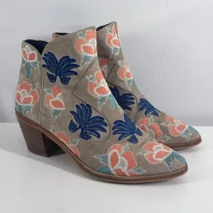 Rebecca Minkoff Beige Floral Embroidered Ankle Zip Up Heeled Booties Size 6.5