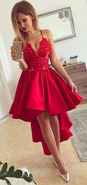 Red v neck high low prom dress, red homecoming dress