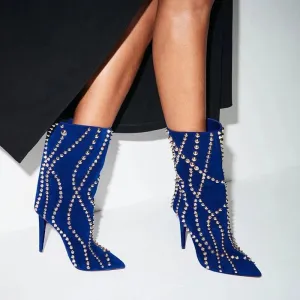 Rivet line Pointed Stiletto knee-high boots woman slip-on suede mid-calf boots