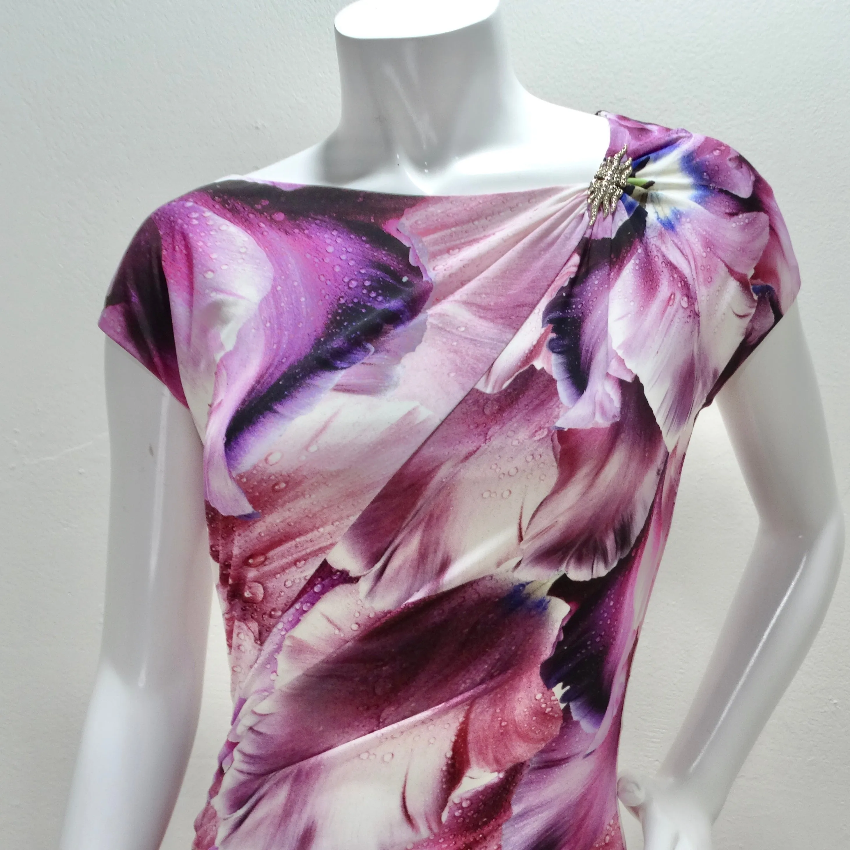 Roberto Cavalli Purple Floral Print Gathered Sheath Dress