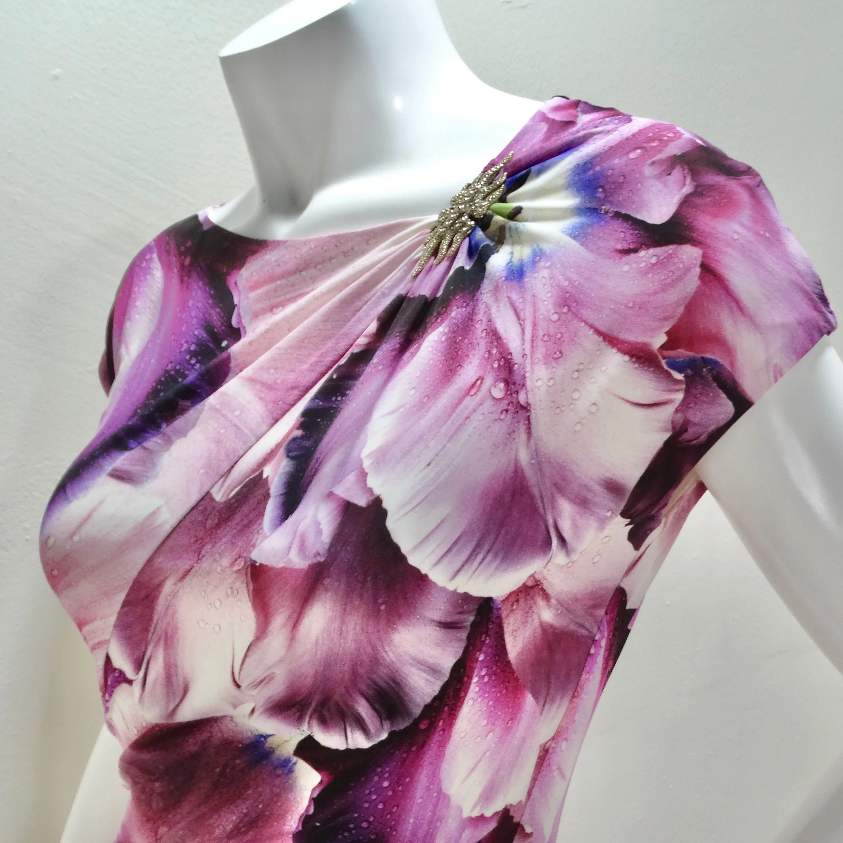 Roberto Cavalli Purple Floral Print Gathered Sheath Dress