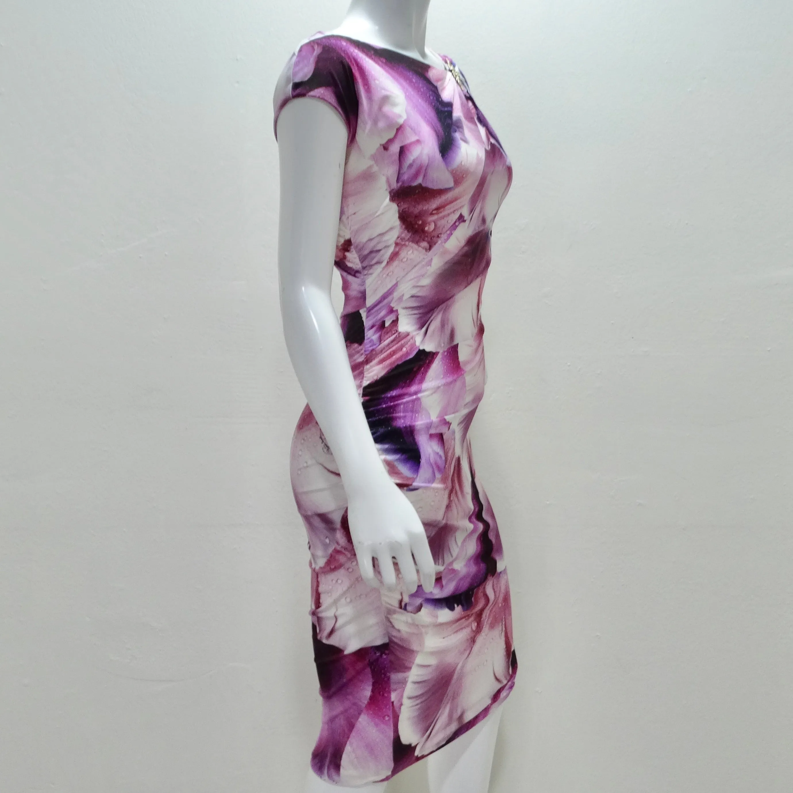 Roberto Cavalli Purple Floral Print Gathered Sheath Dress