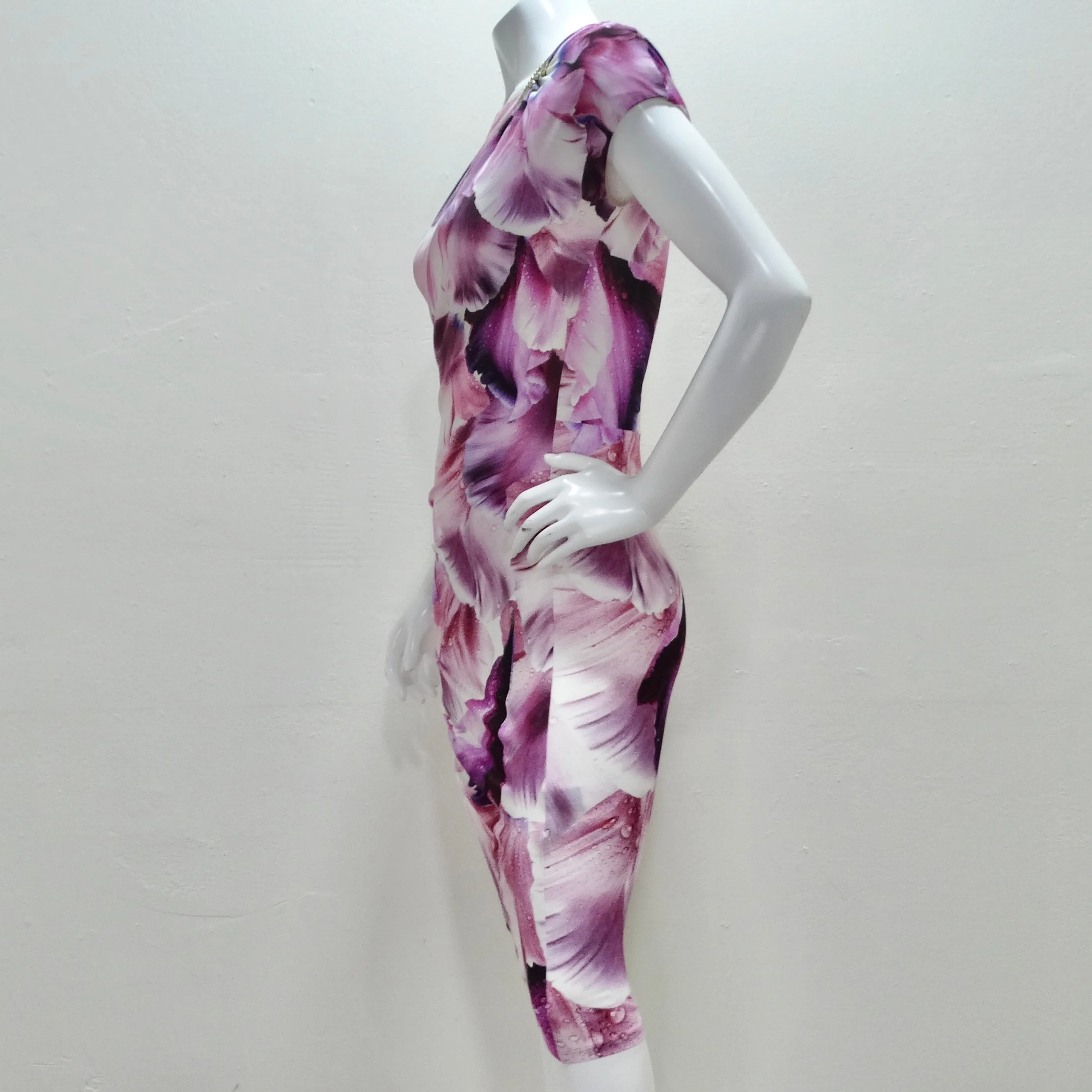 Roberto Cavalli Purple Floral Print Gathered Sheath Dress