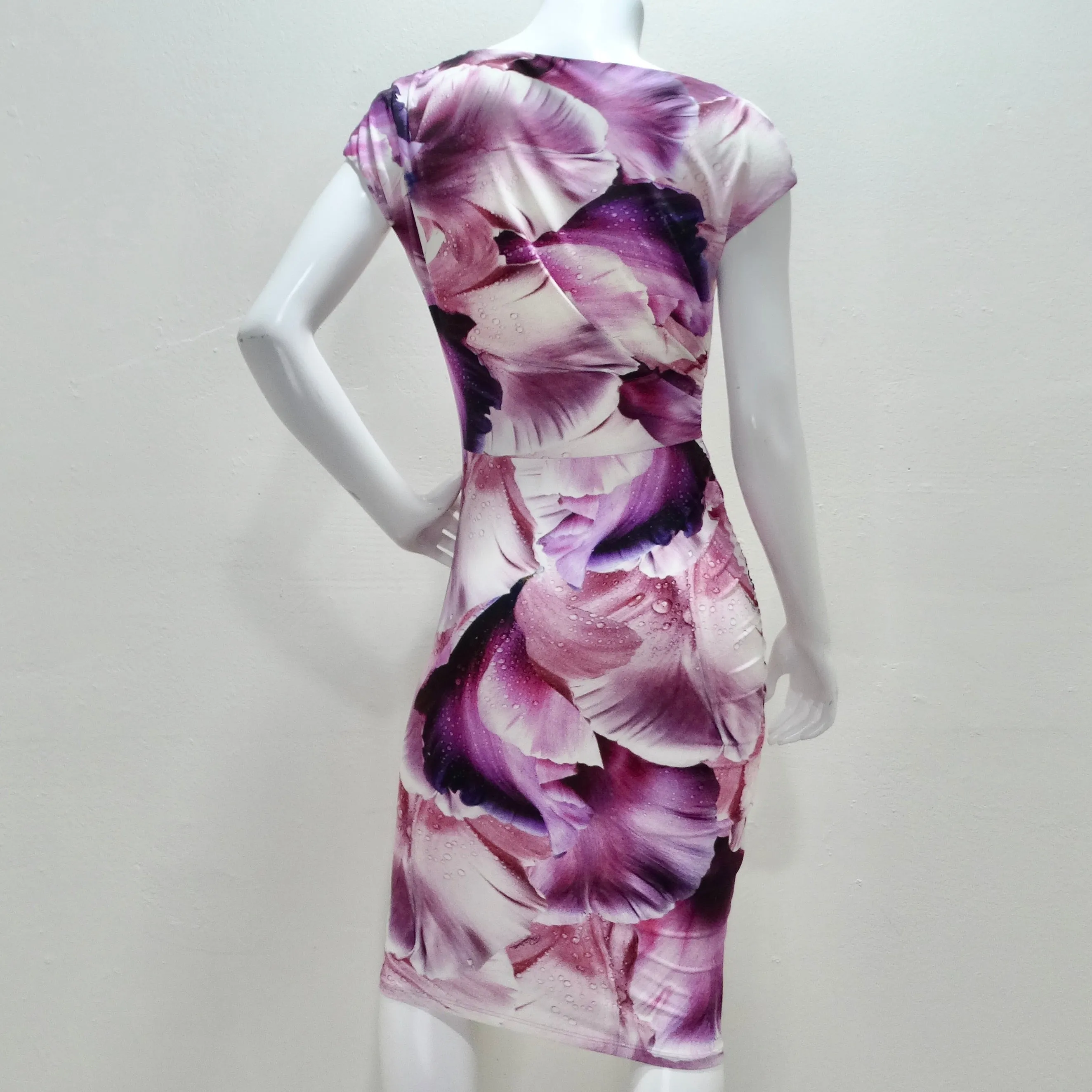 Roberto Cavalli Purple Floral Print Gathered Sheath Dress