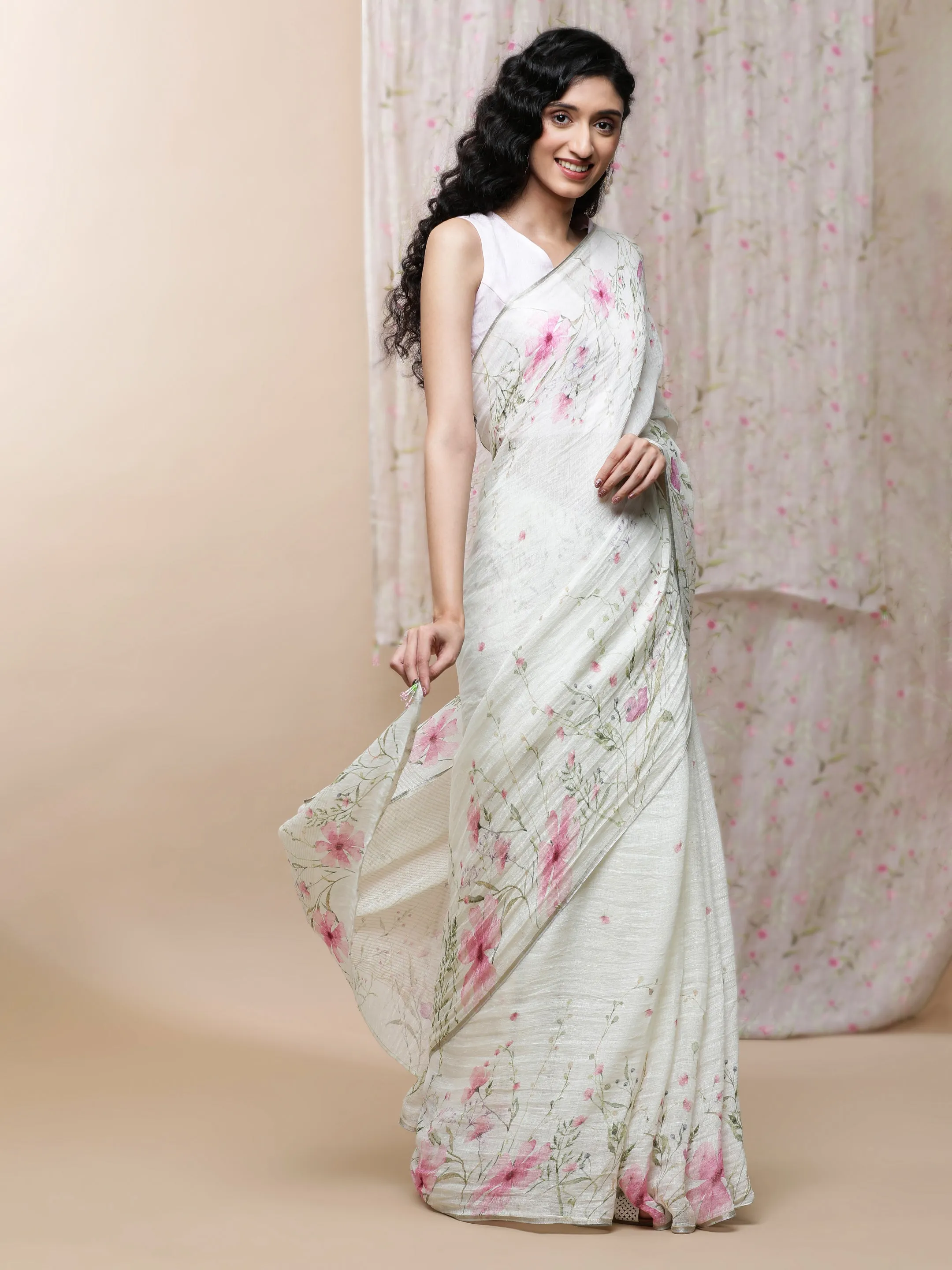 Roop Linen Pink On White Saree
