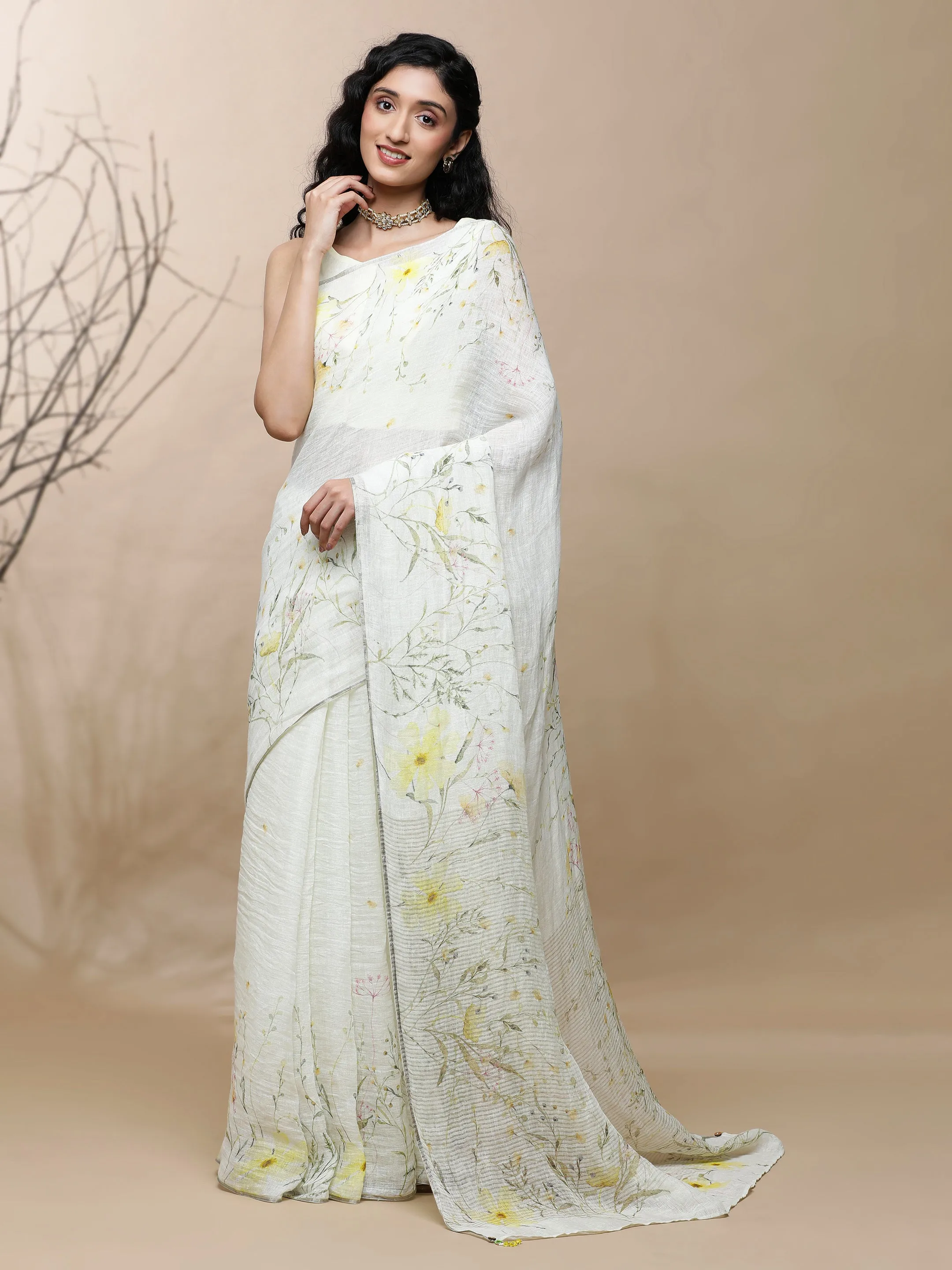 Roop Linen Yellow On White Saree