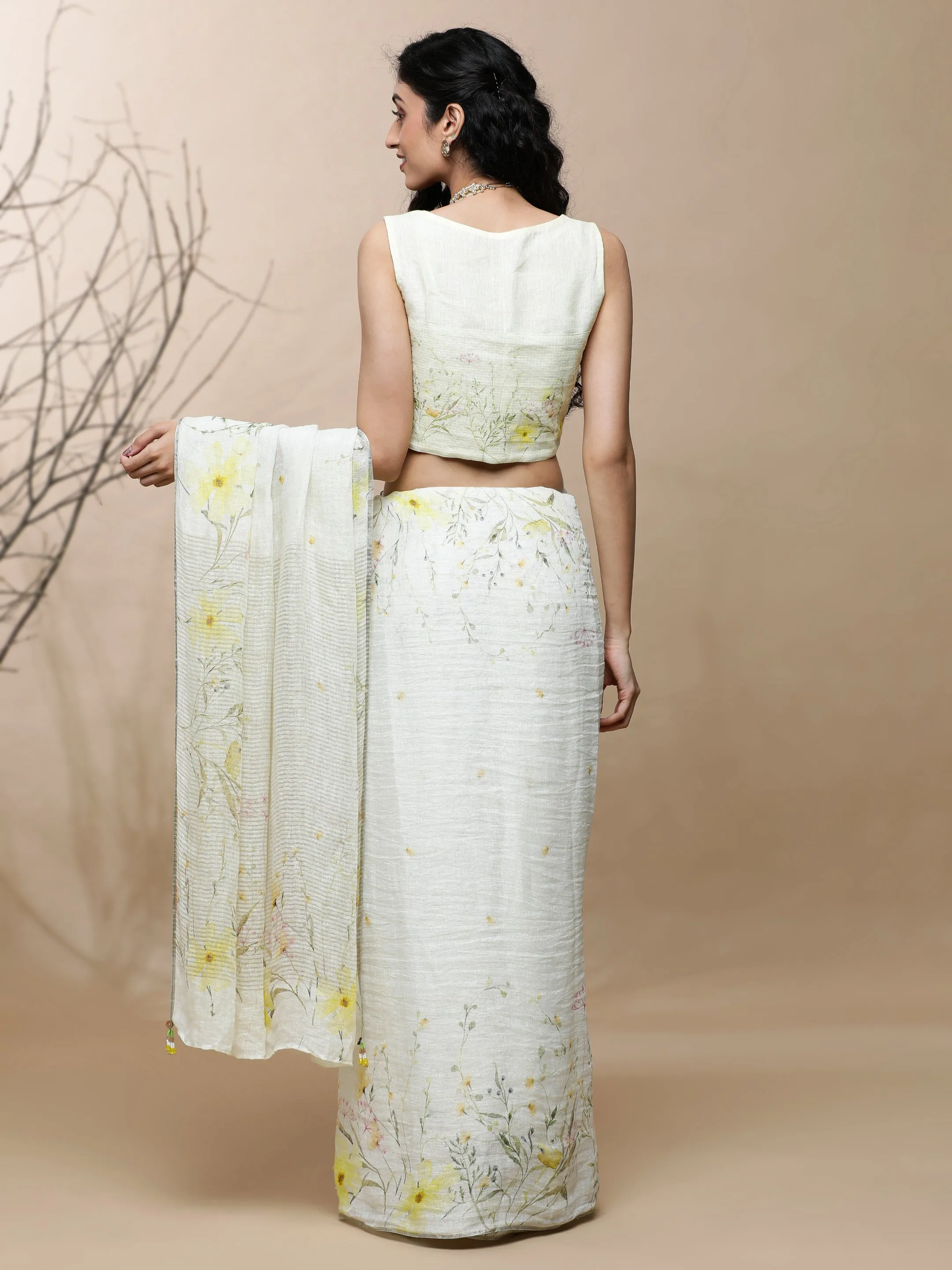 Roop Linen Yellow On White Saree