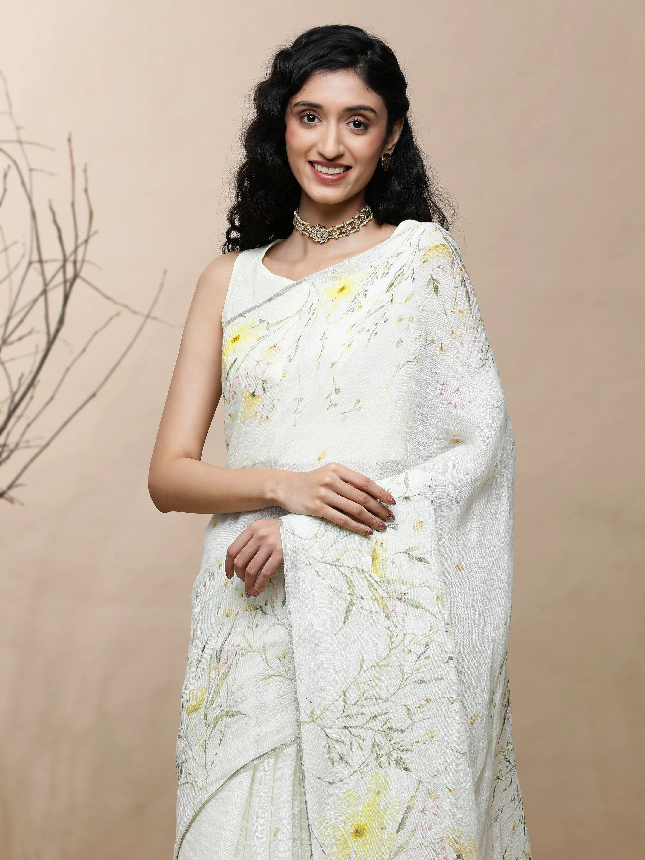 Roop Linen Yellow On White Saree