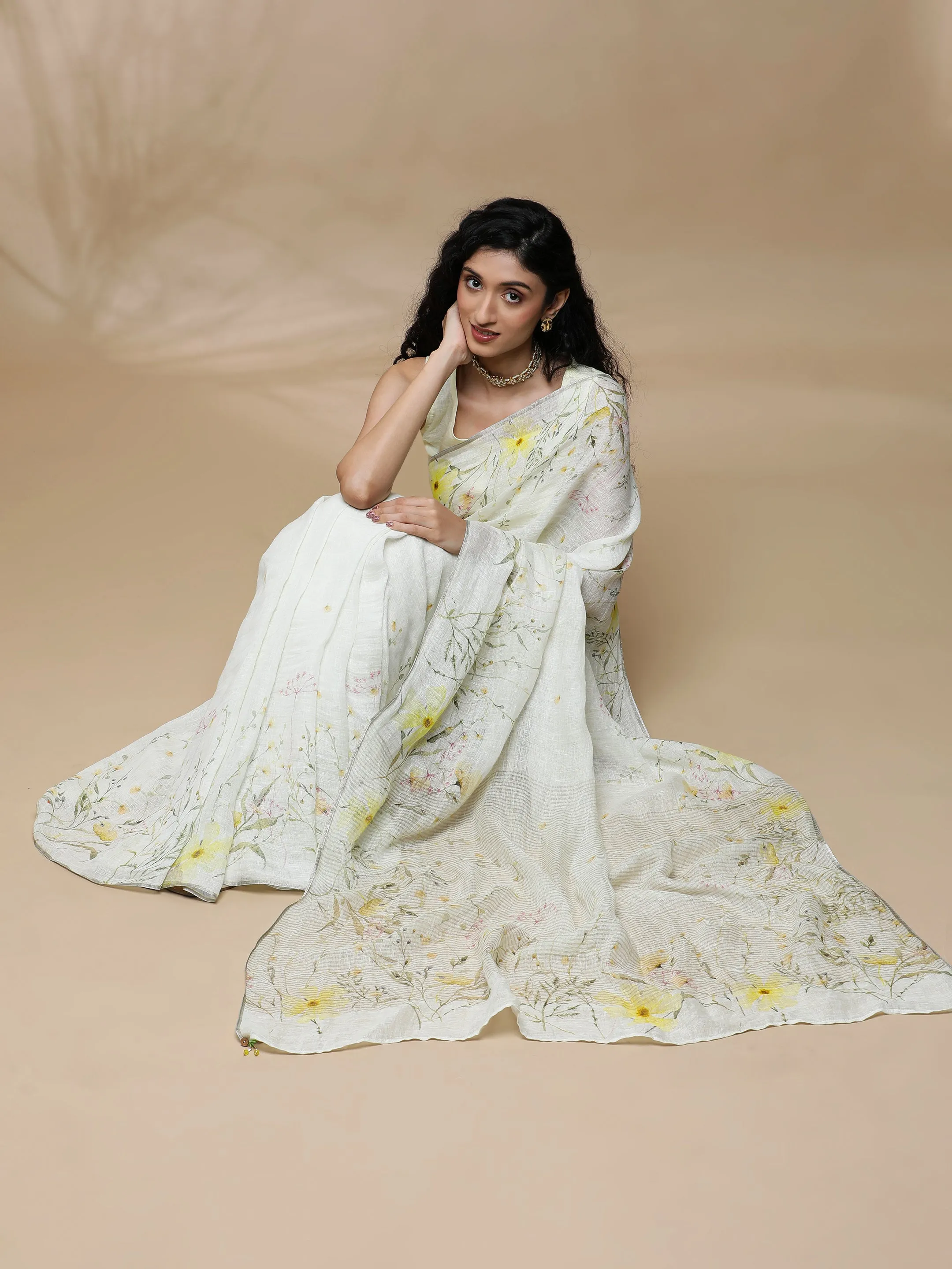 Roop Linen Yellow On White Saree