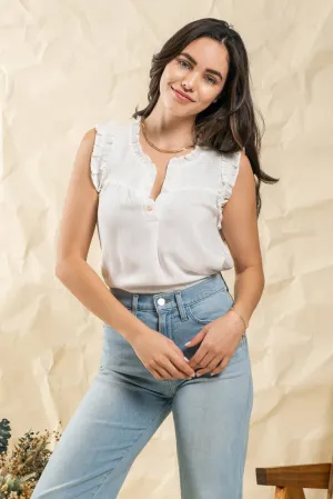 RUCHED SLEEVELESS WOVEN TOP